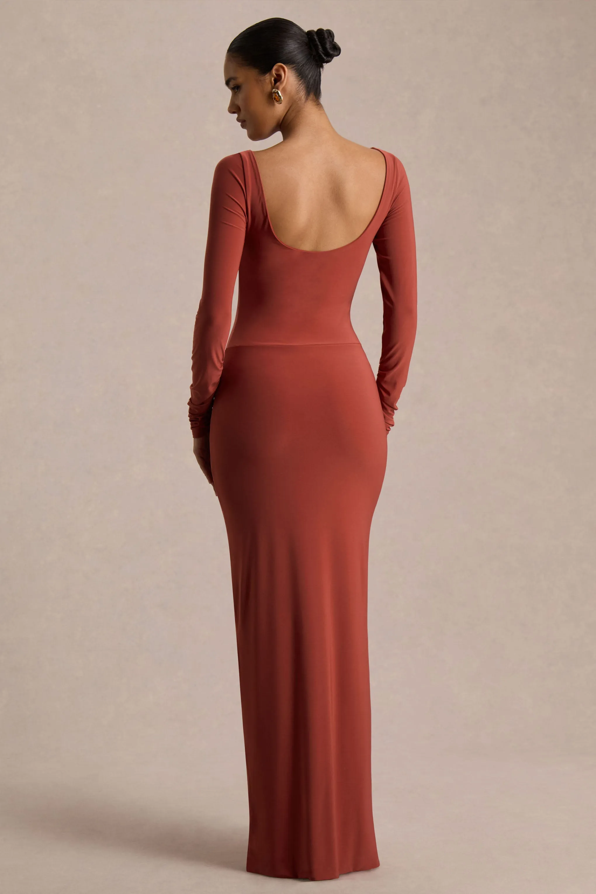 Matilda | Rust Boat-Neck Maxi Dress With Ruched Detailing sold by Club L London product image thumbnail 2