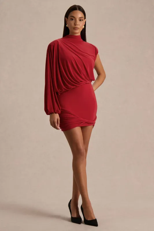 Zelda | Red High-Neck Mini Dress With One-Long Sleeve And Twisted Detail sold by Club L London
