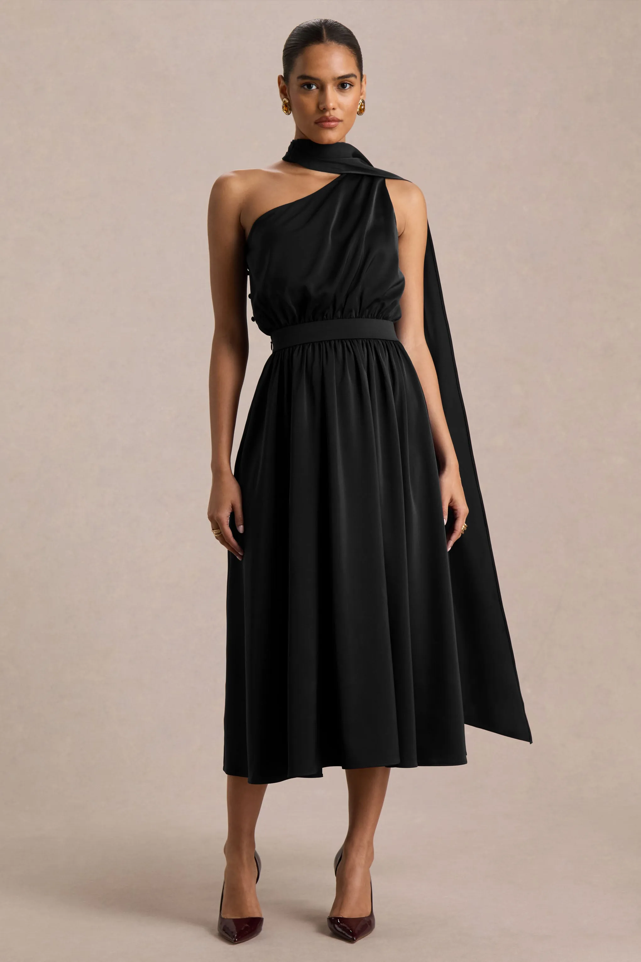 Caluna | Black Satin Asymmetric-Neck Midi Dress With Scarf-Detail sold by Club L London product image thumbnail 3