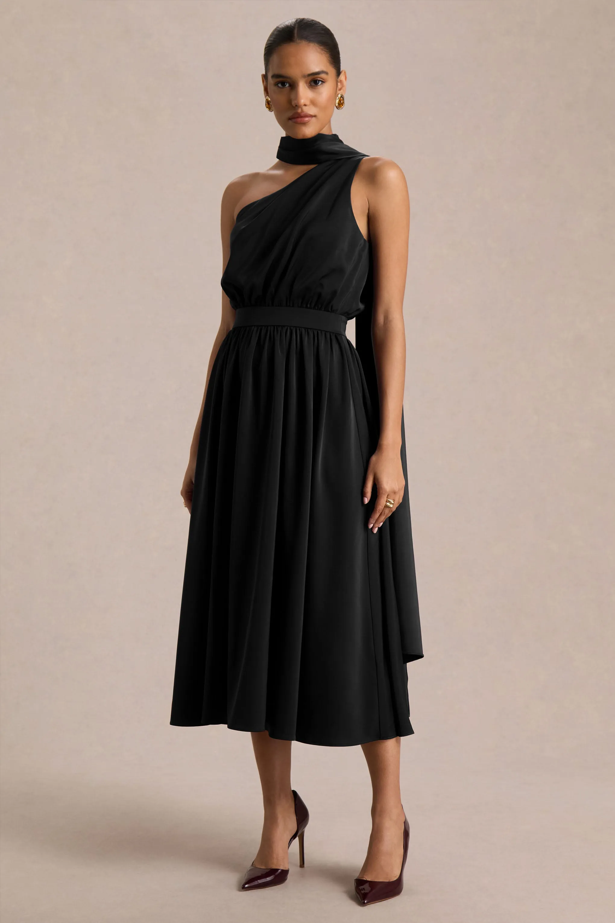 Caluna | Black Satin Asymmetric-Neck Midi Dress With Scarf-Detail sold by Club L London product image thumbnail 4