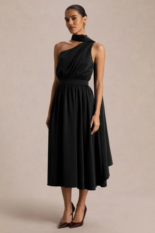 Caluna | Black Satin Asymmetric-Neck Midi Dress With Scarf-Detail sold by Club L London