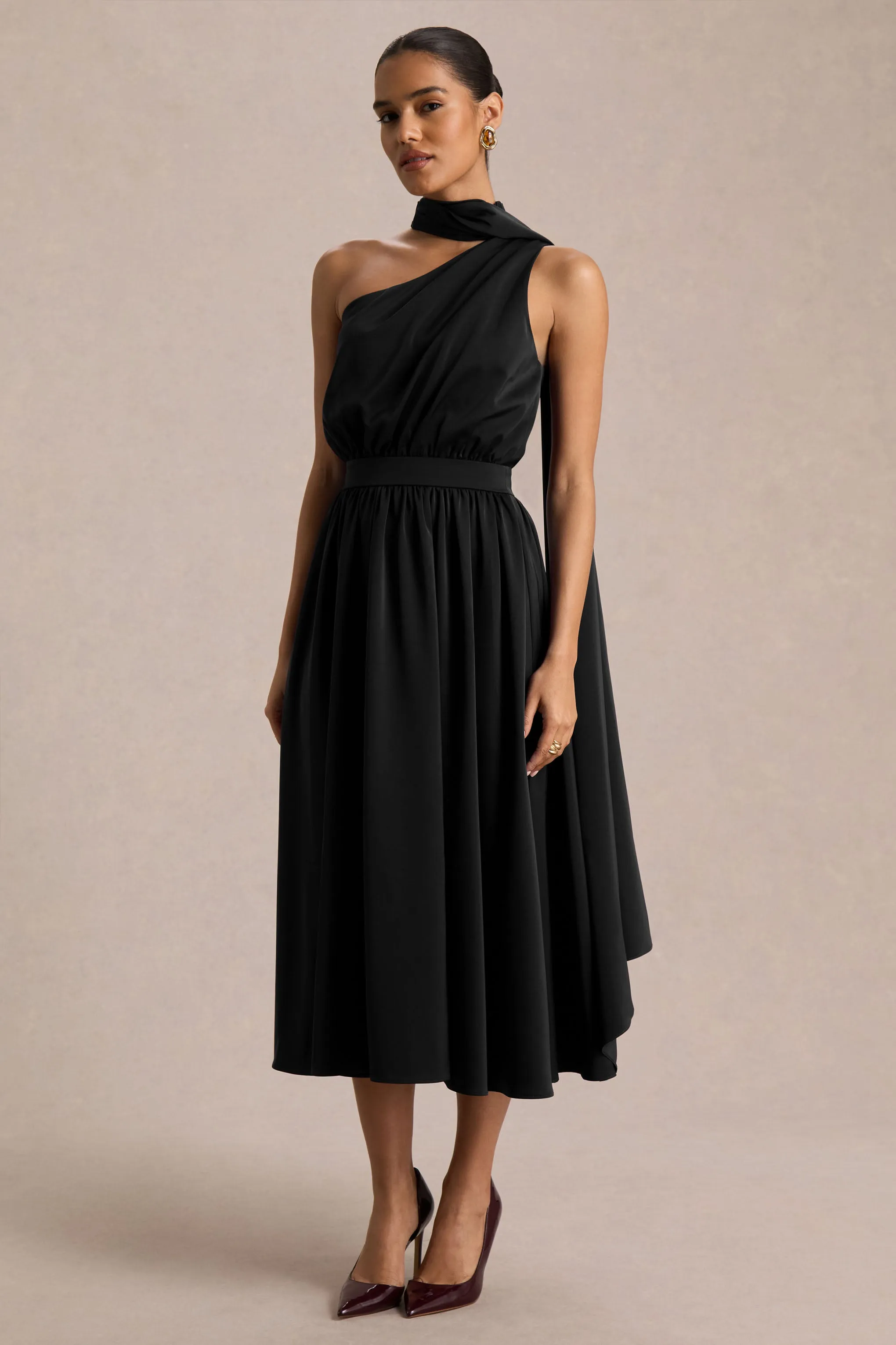 Caluna | Black Satin Asymmetric-Neck Midi Dress With Scarf-Detail sold by Club L London