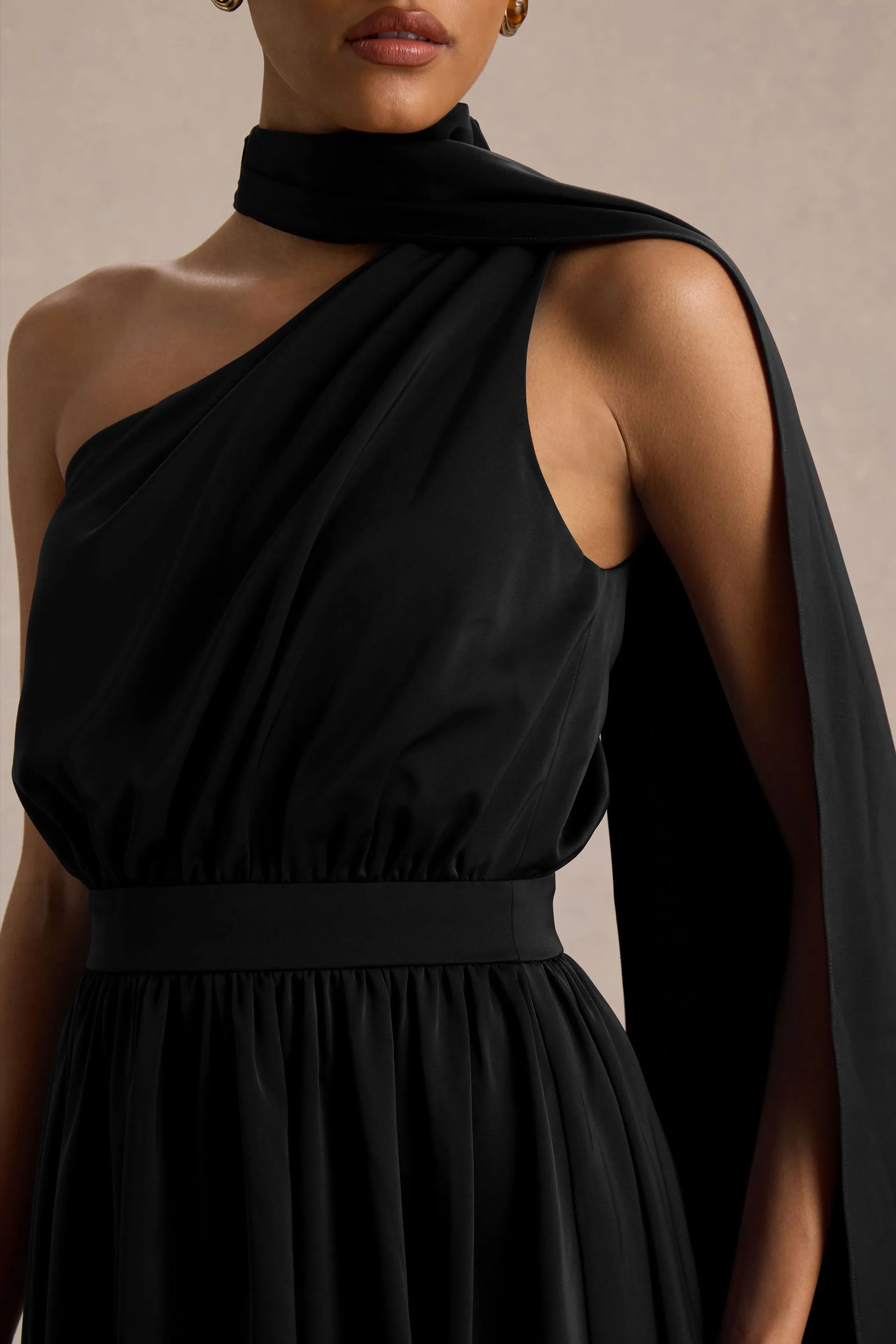 Caluna | Black Satin Asymmetric-Neck Midi Dress With Scarf-Detail sold by Club L London product image thumbnail 5