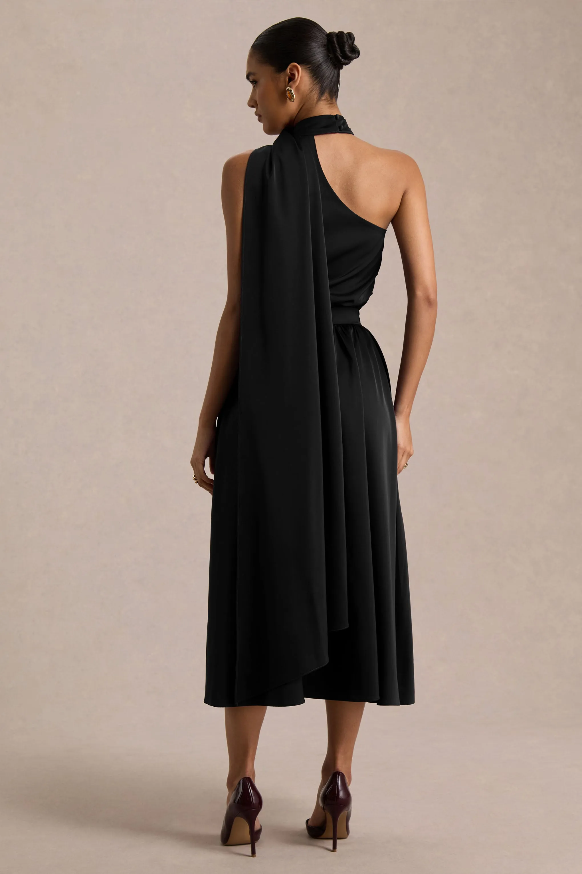 Caluna | Black Satin Asymmetric-Neck Midi Dress With Scarf-Detail sold by Club L London product image thumbnail 2