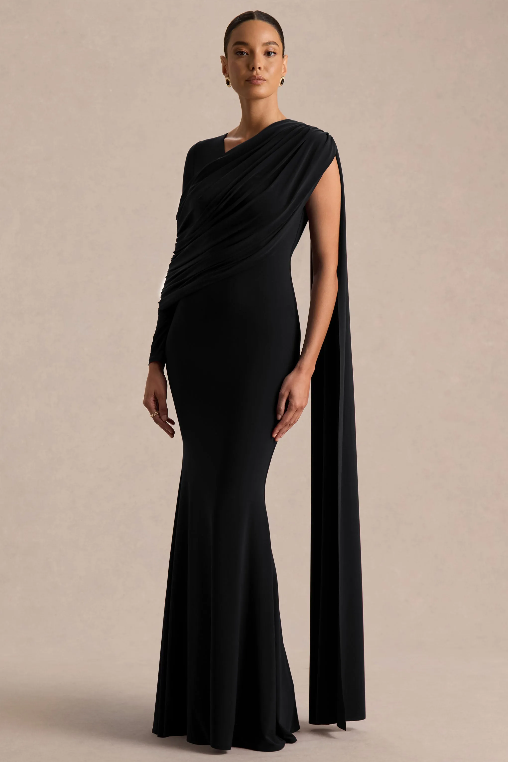 Rubelle | Black Asymmetric-Neck Maxi Dress With Draped-Detailing sold by Club L London product image thumbnail 3