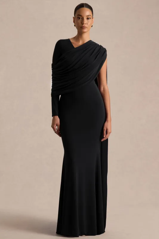 Rubelle | Black Asymmetric-Neck Maxi Dress With Draped-Detailing sold by Club L London
