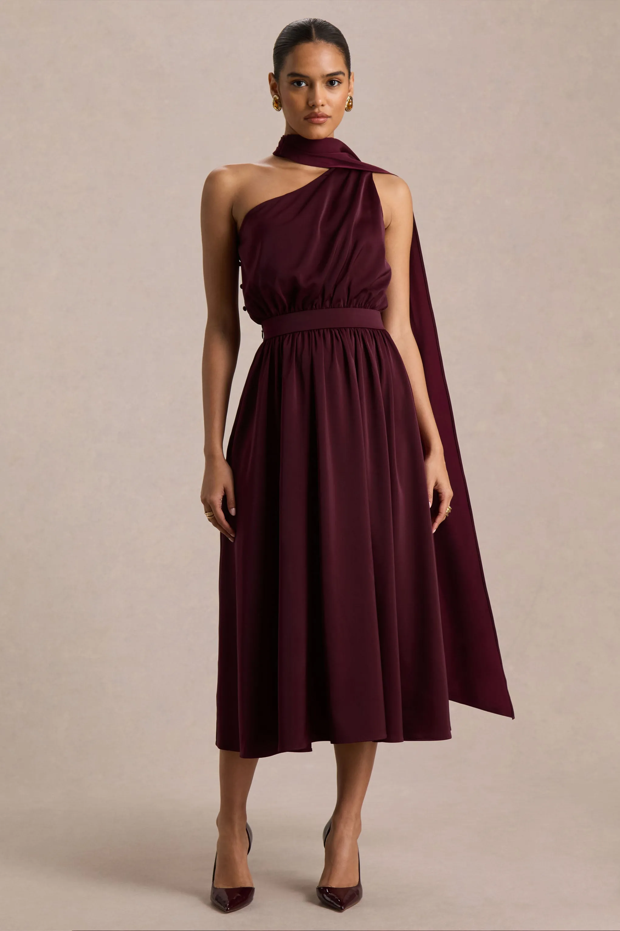 Caluna | Burgundy Satin Asymmetric-Neck Midi Dress With Scarf-Detail sold by Club L London product image thumbnail 3