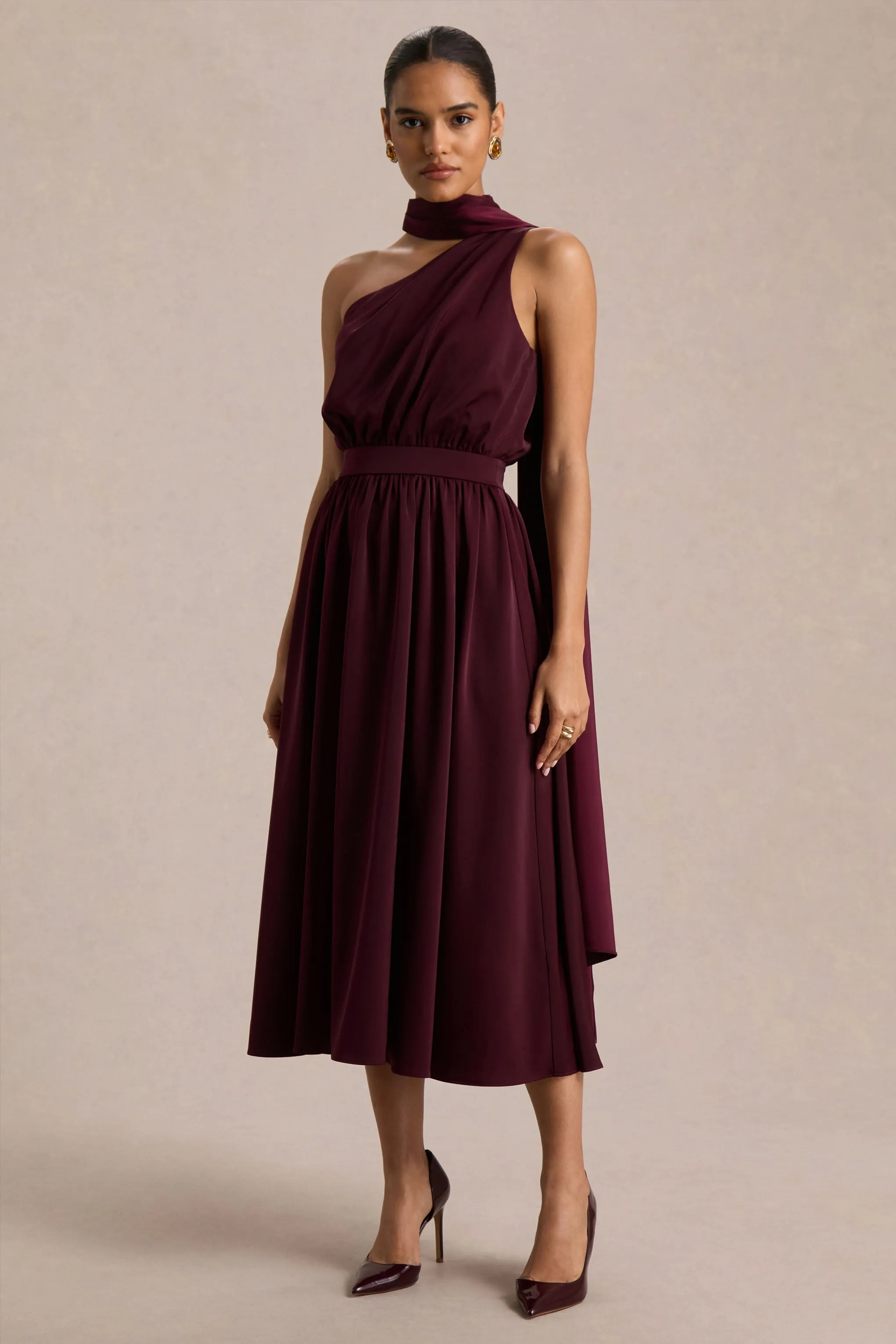Caluna | Burgundy Satin Asymmetric-Neck Midi Dress With Scarf-Detail sold by Club L London product image thumbnail 4