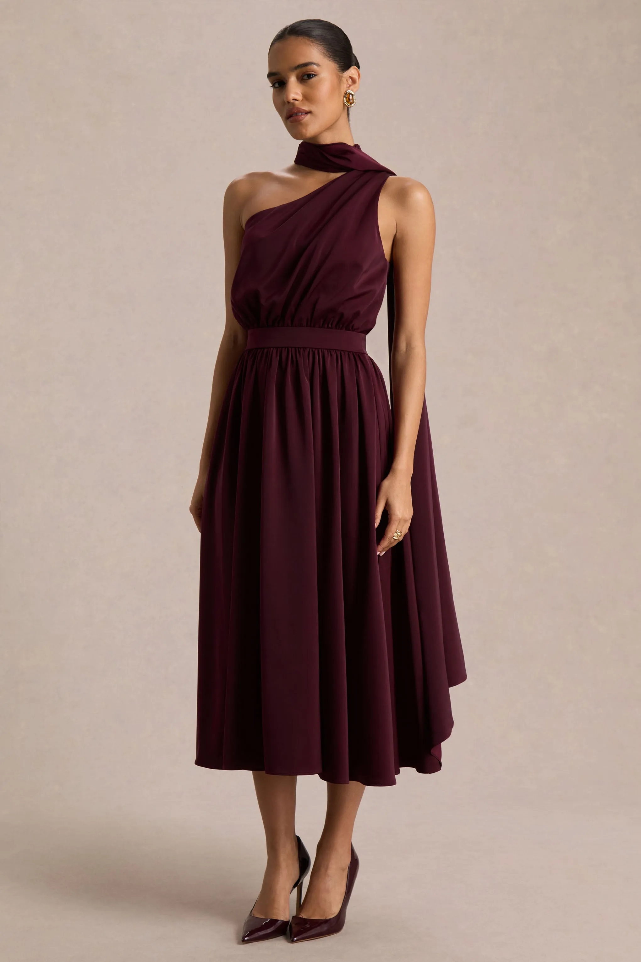 Caluna | Burgundy Satin Asymmetric-Neck Midi Dress With Scarf-Detail sold by Club L London