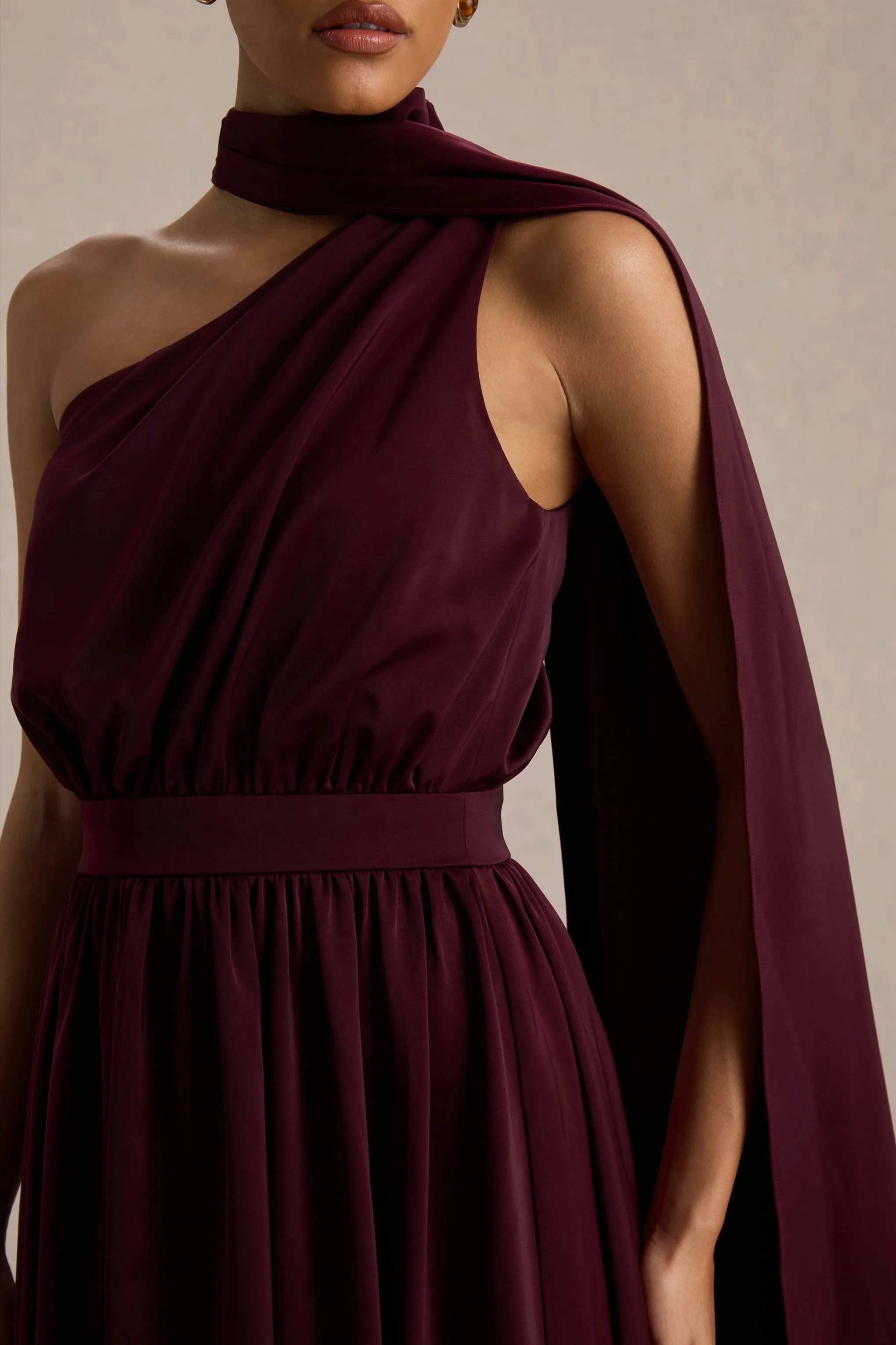 Caluna | Burgundy Satin Asymmetric-Neck Midi Dress With Scarf-Detail sold by Club L London product image thumbnail 5