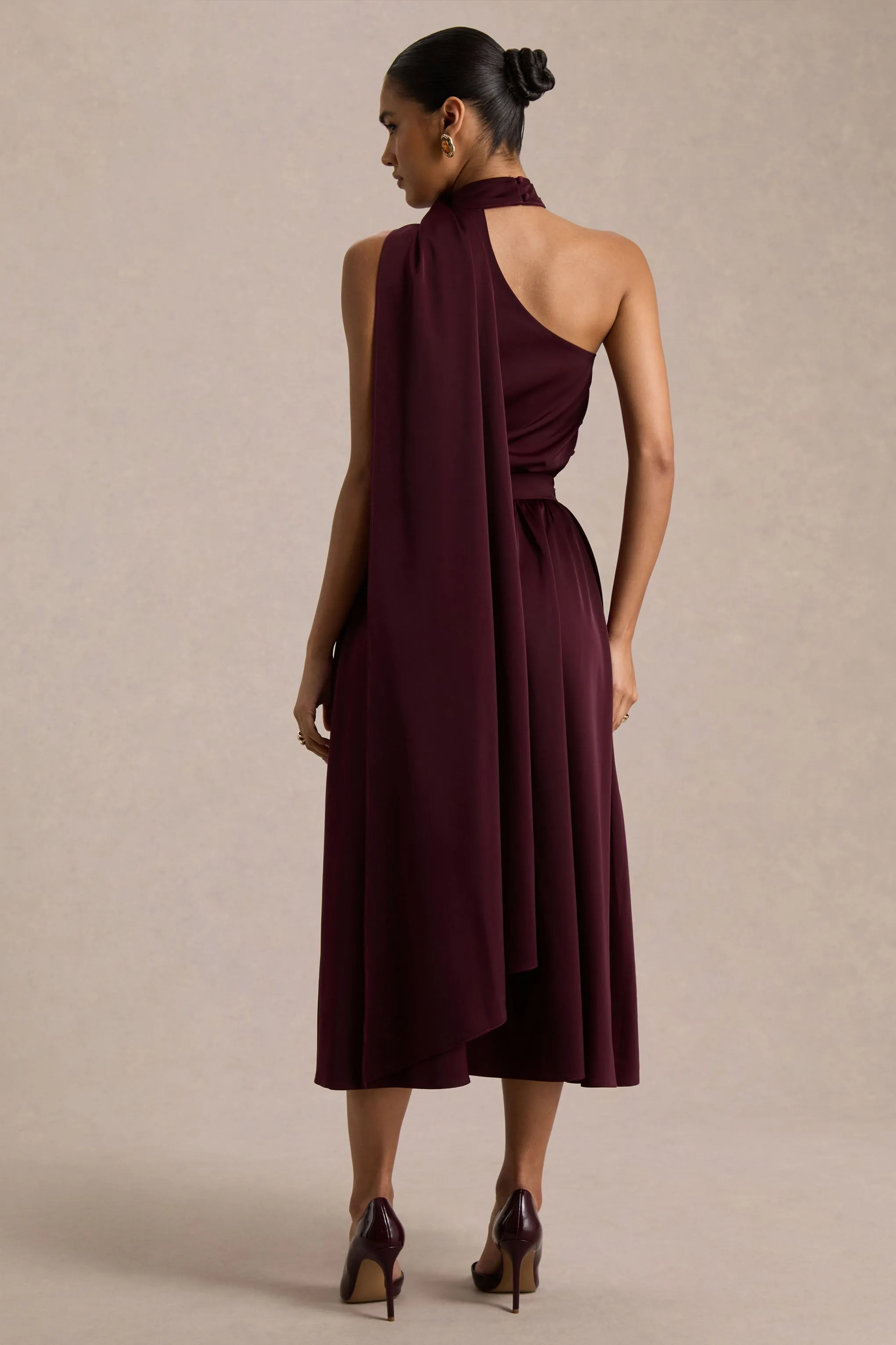 Caluna | Burgundy Satin Asymmetric-Neck Midi Dress With Scarf-Detail sold by Club L London product image thumbnail 2