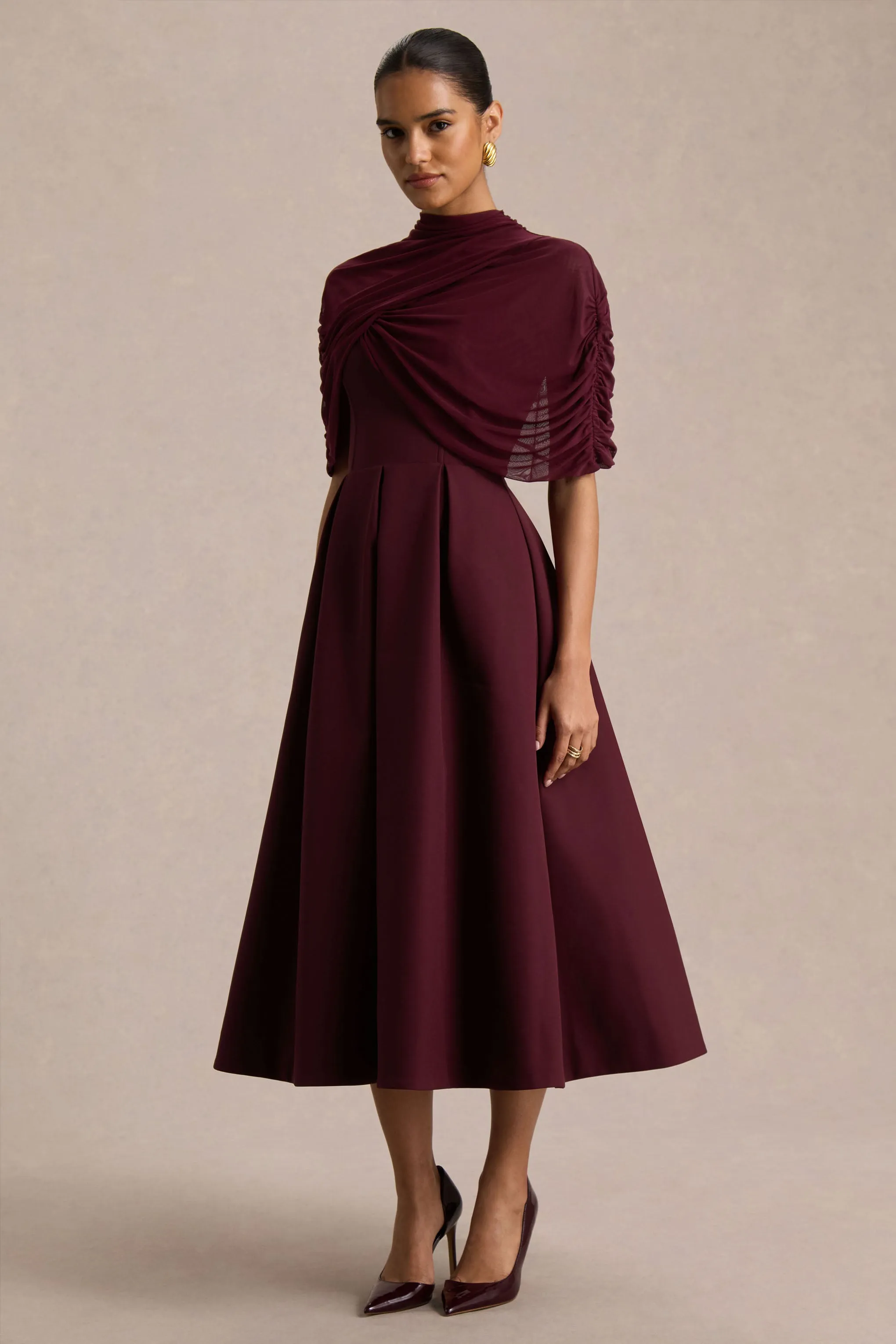 Thalia | Burgundy High-Neck Midi Dress With Sheer Mesh Cape sold by Club L London product image thumbnail 5