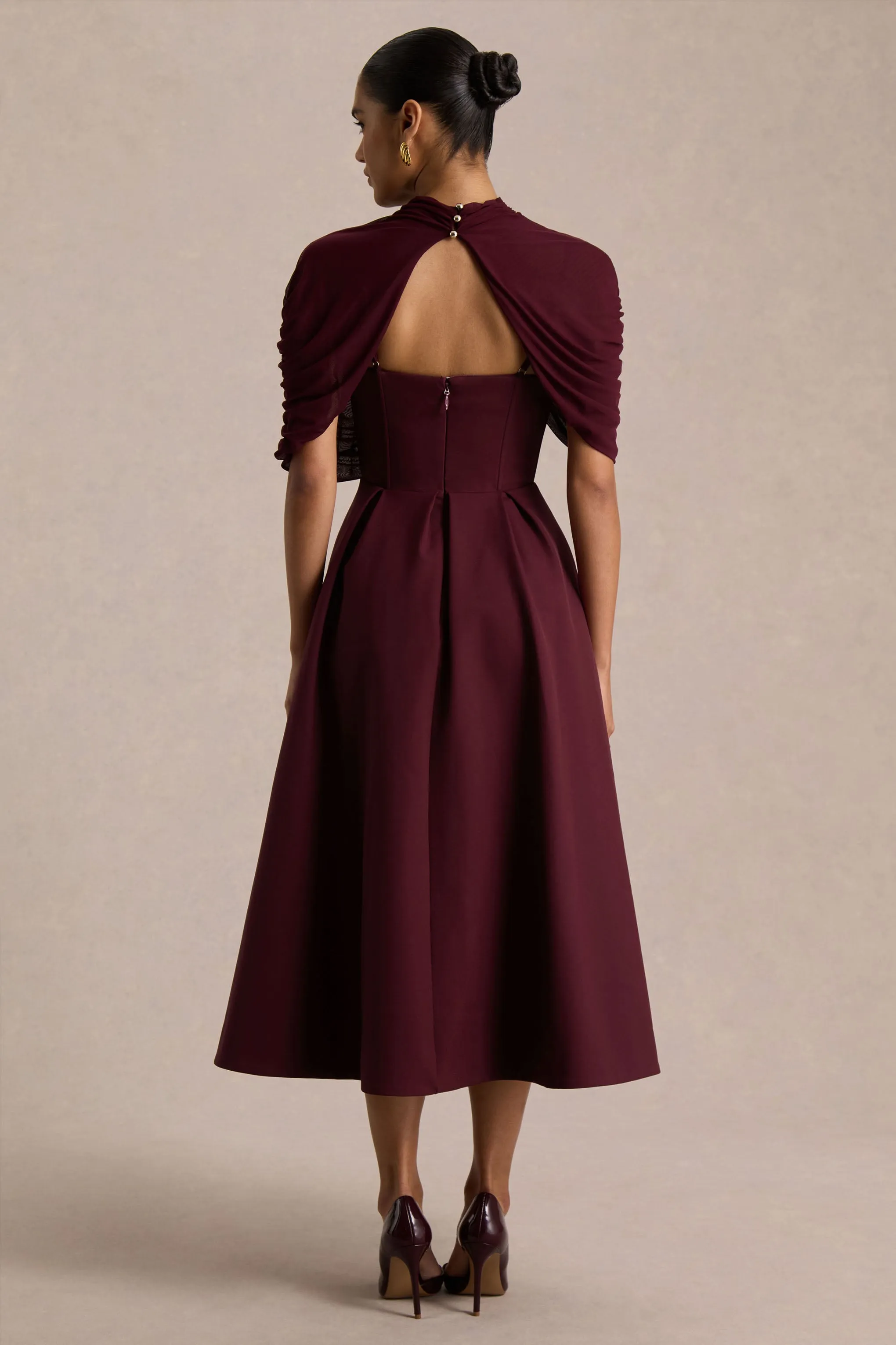 Thalia | Burgundy High-Neck Midi Dress With Sheer Mesh Cape sold by Club L London product image thumbnail 2
