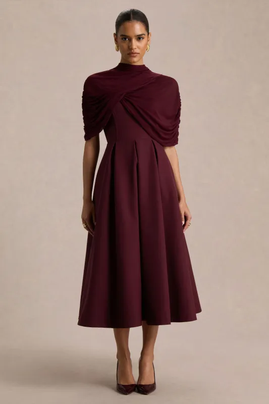 Thalia | Burgundy High-Neck Midi Dress With Sheer Mesh Cape sold by Club L London