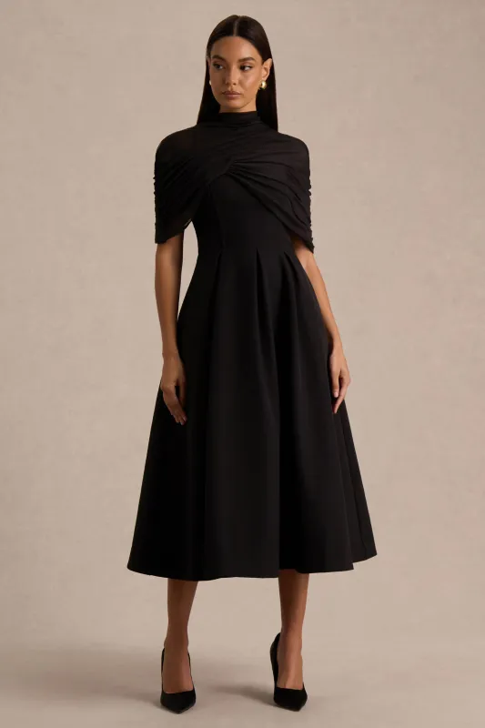 Thalia | Black High-Neck Midi Dress With Sheer Mesh Cape sold by Club L London
