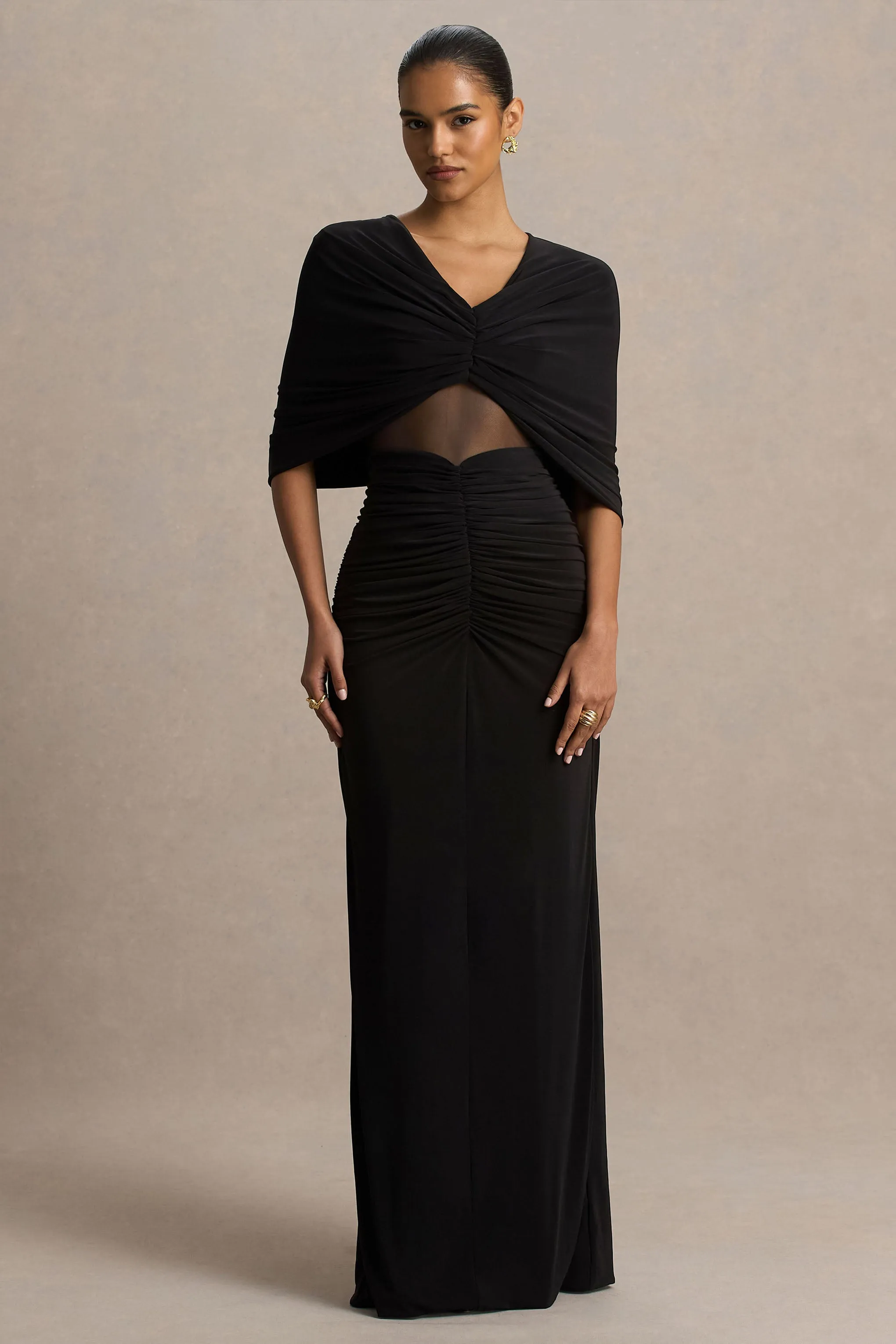 Zinnie | Black Cape-Sleeve Maxi Dress With Mesh Panel sold by Club L London product image thumbnail 4