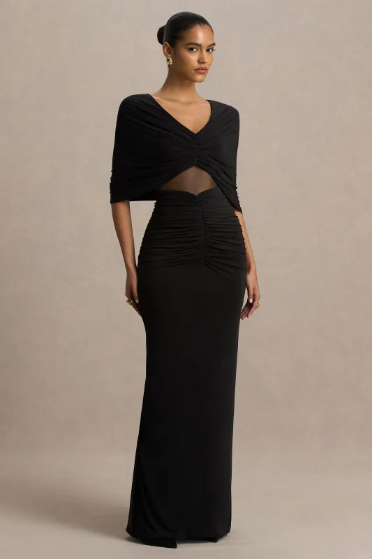 Zinnie | Black Cape-Sleeve Maxi Dress With Mesh Panel sold by Club L London