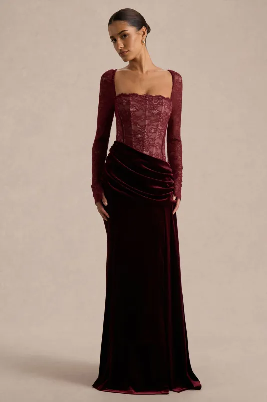 Finesse | Burgundy Lace And Velvet Square-Neck Maxi Dress With Draped Skirt sold by Club L London