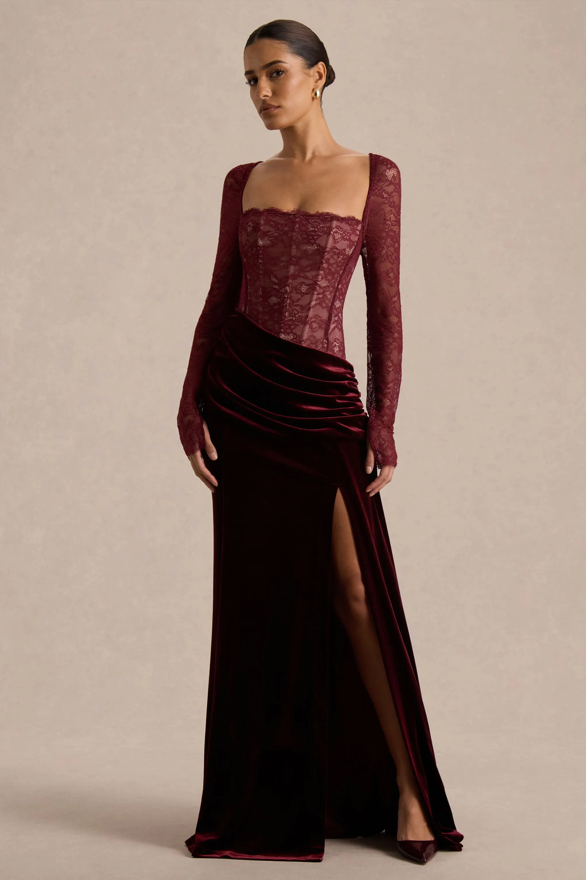 Finesse | Burgundy Lace And Velvet Square-Neck Maxi Dress With Draped Skirt sold by Club L London product image thumbnail 5