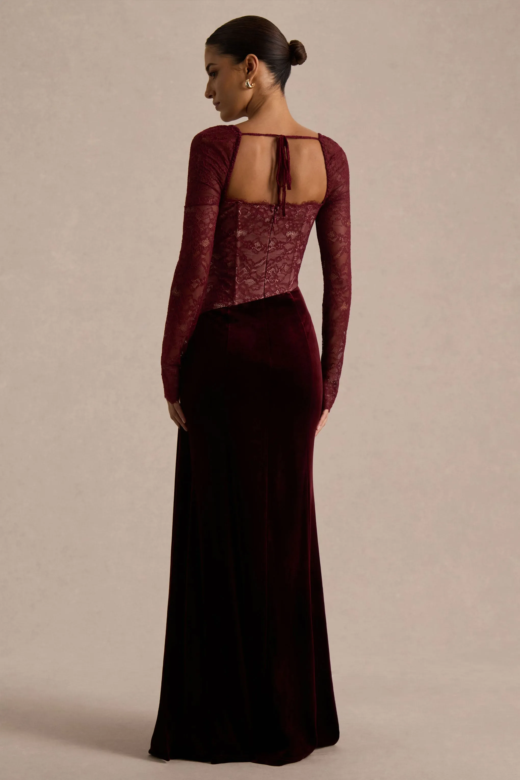Finesse | Burgundy Lace And Velvet Square-Neck Maxi Dress With Draped Skirt sold by Club L London product image thumbnail 2