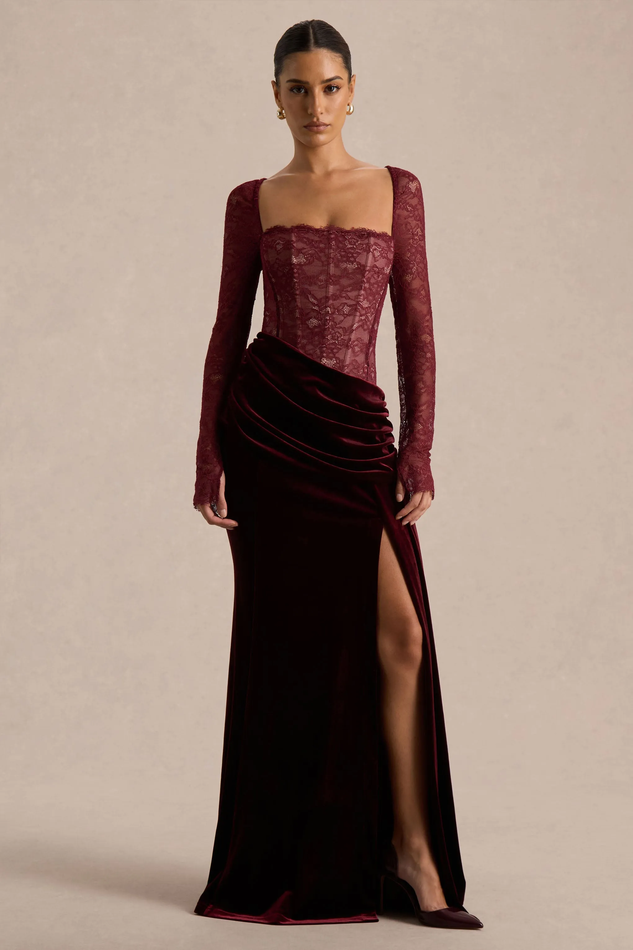 Finesse | Burgundy Lace And Velvet Square-Neck Maxi Dress With Draped Skirt sold by Club L London product image thumbnail 3