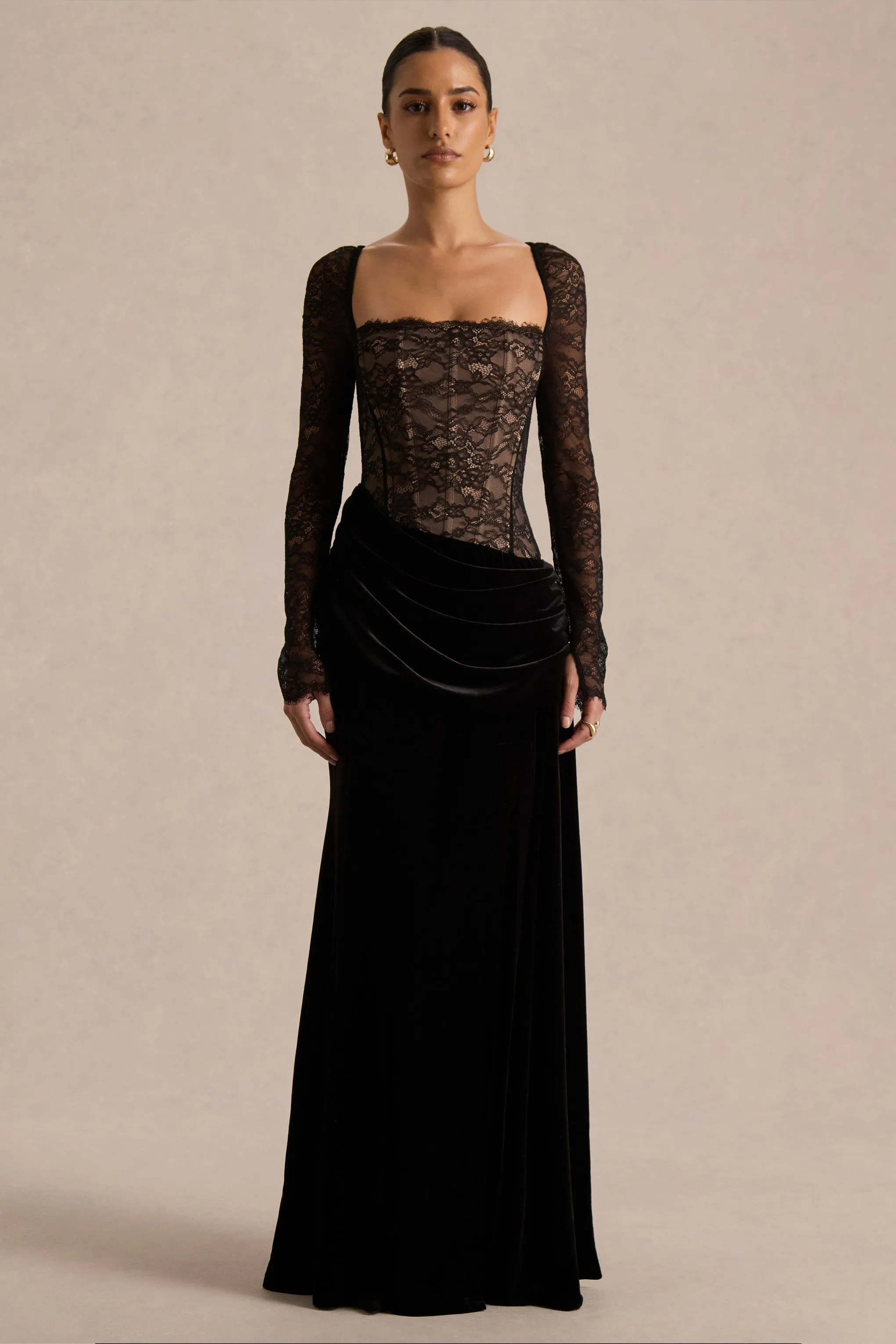 Finesse | Black Lace And Velvet Square-Neck Maxi Dress With Draped Skirt sold by Club L London product image thumbnail 5