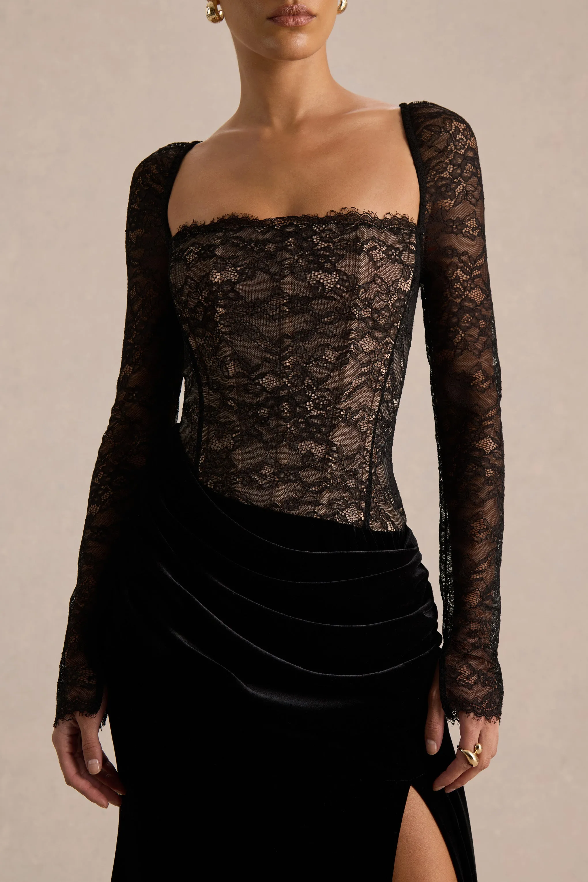 Finesse | Black Lace And Velvet Square-Neck Maxi Dress With Draped Skirt sold by Club L London product image thumbnail 4