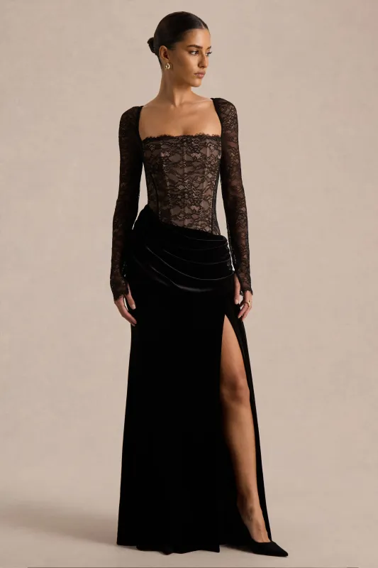 Finesse | Black Lace And Velvet Square-Neck Maxi Dress With Draped Skirt sold by Club L London