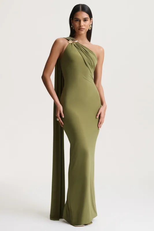 Mandy | Olive Asymmetric-Neck Maxi Dress With Gold-Detail made by Club L London