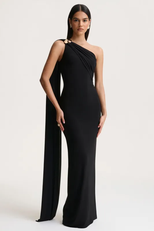 Mandy | Black Asymmetric-Neck Maxi Dress made by Club L London