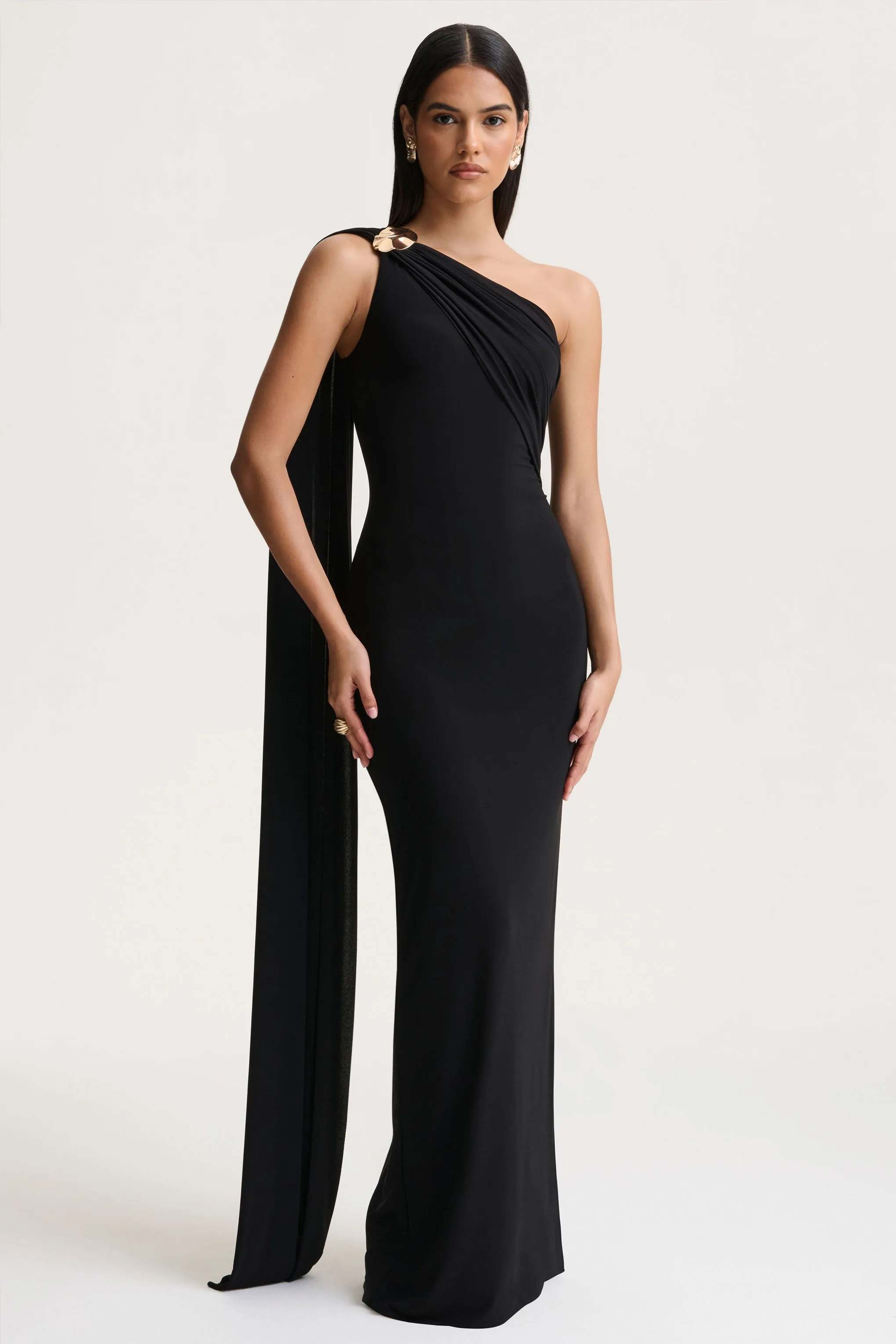 Mandy | Black Asymmetric-Neck Maxi Dress sold by Club L London