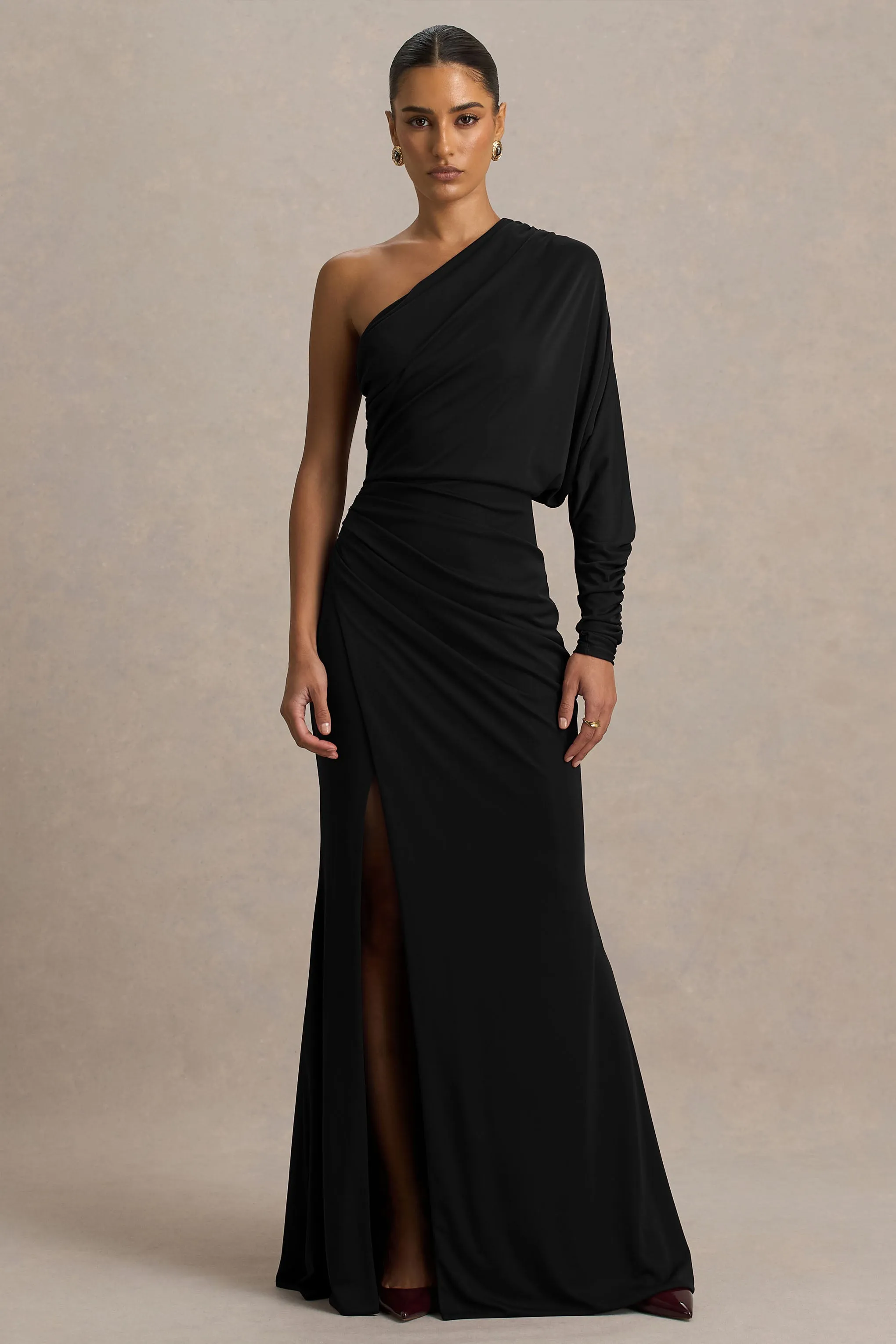 Lola | Black Asymmetric-Neck Maxi Dress With Ruched Detailing And Front High-Split sold by Club L London product image thumbnail 4