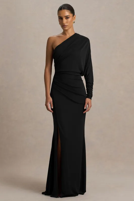 Lola | Black Asymmetric-Neck Maxi Dress With Ruched Detailing And Front High-Split made by Club L London
