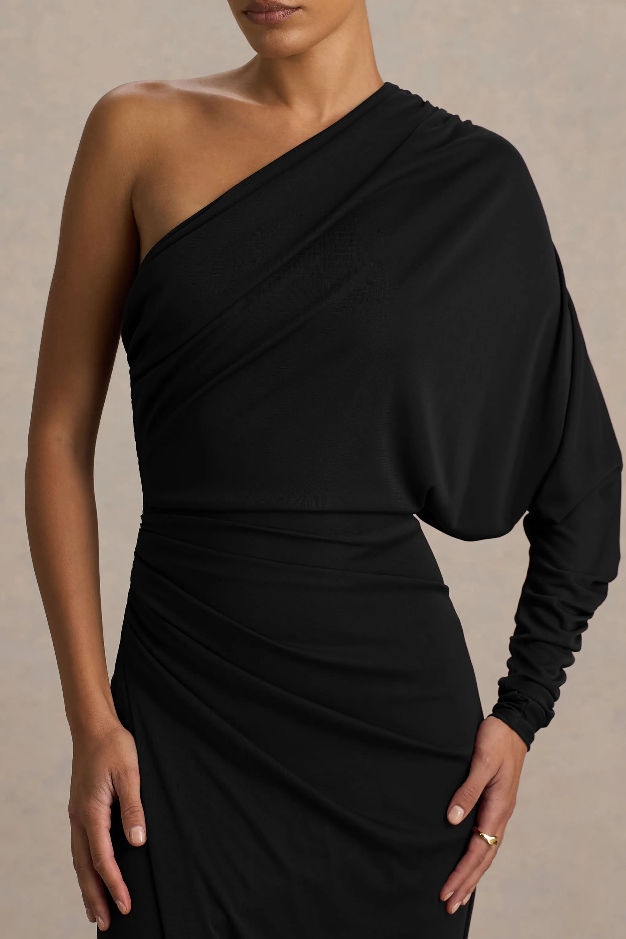 Lola | Black Asymmetric-Neck Maxi Dress With Ruched Detailing And Front High-Split sold by Club L London product image thumbnail 5