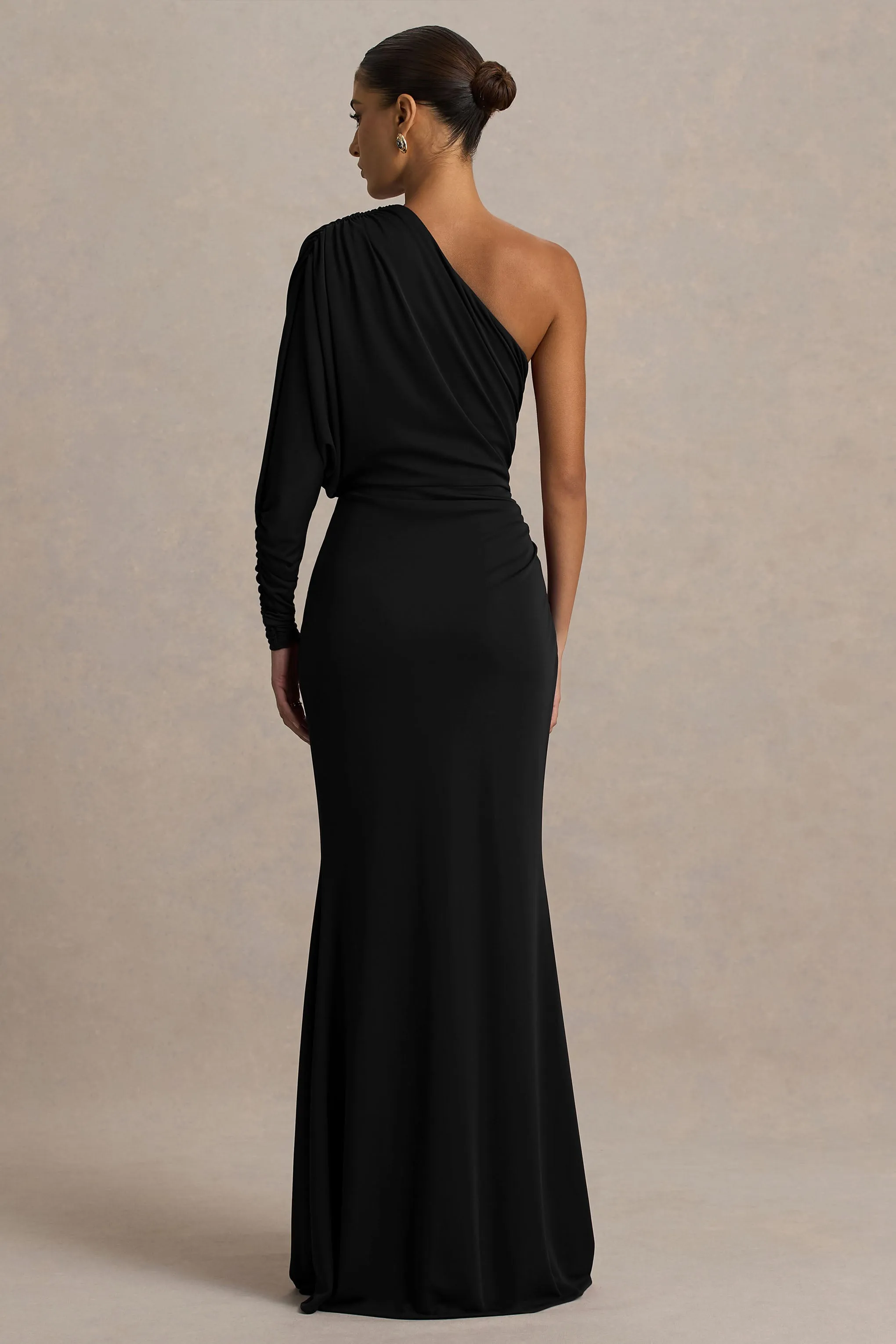 Lola | Black Asymmetric-Neck Maxi Dress With Ruched Detailing And Front High-Split sold by Club L London product image thumbnail 2