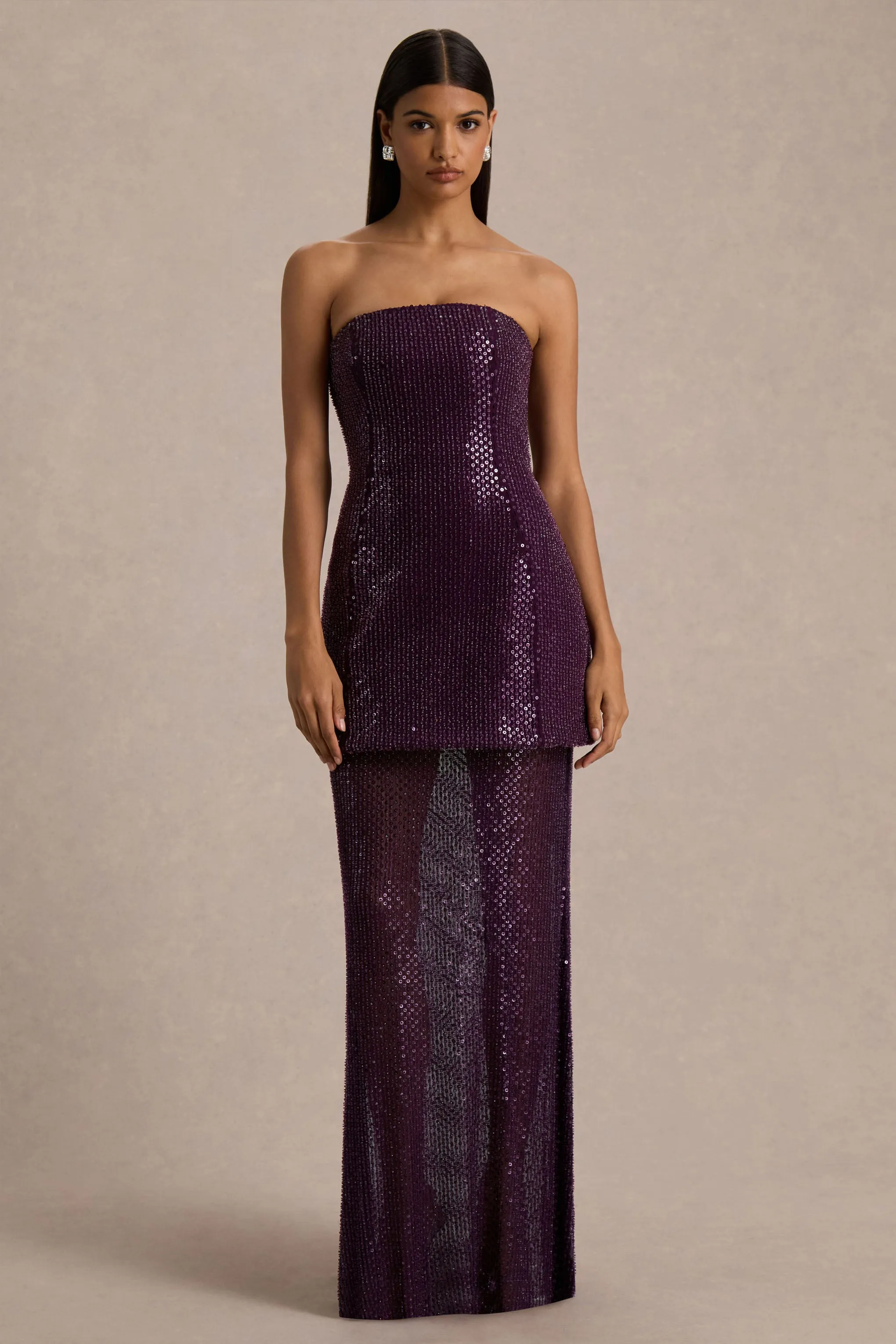 Luciana | Purple Embellished Bandeau Maxi Dress sold by Club L London