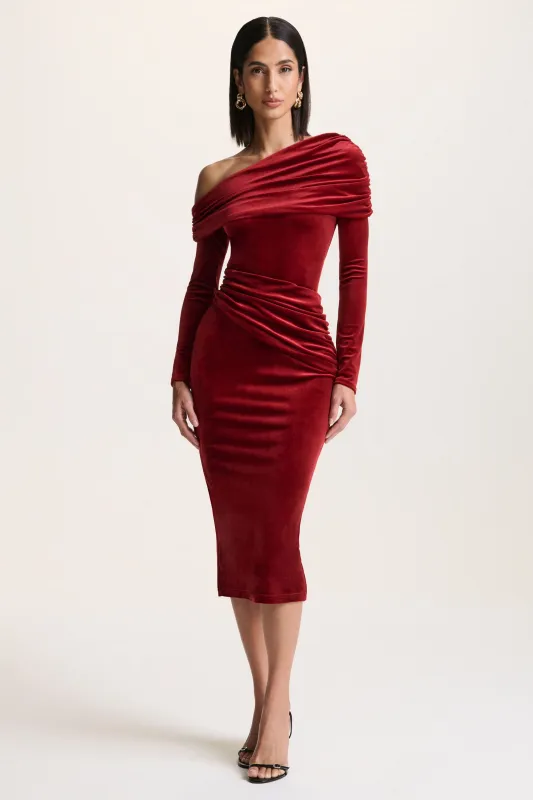 Eirene |  Red Velvet Asymmetric-Neck Midi Dress made by Club L London