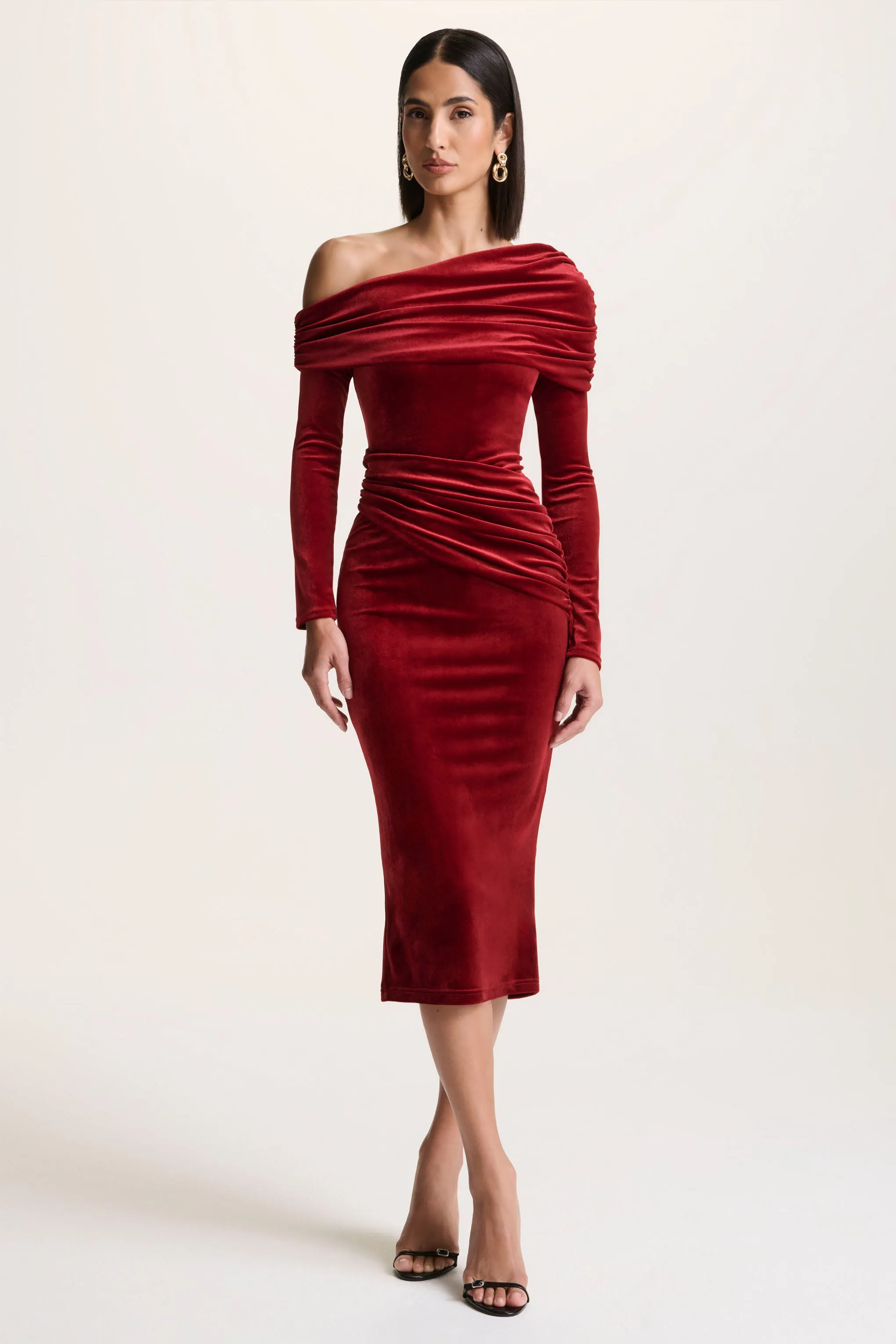 Eirene | Red Velvet Asymmetric-Neck Midi Dress sold by Club L London product image thumbnail 5