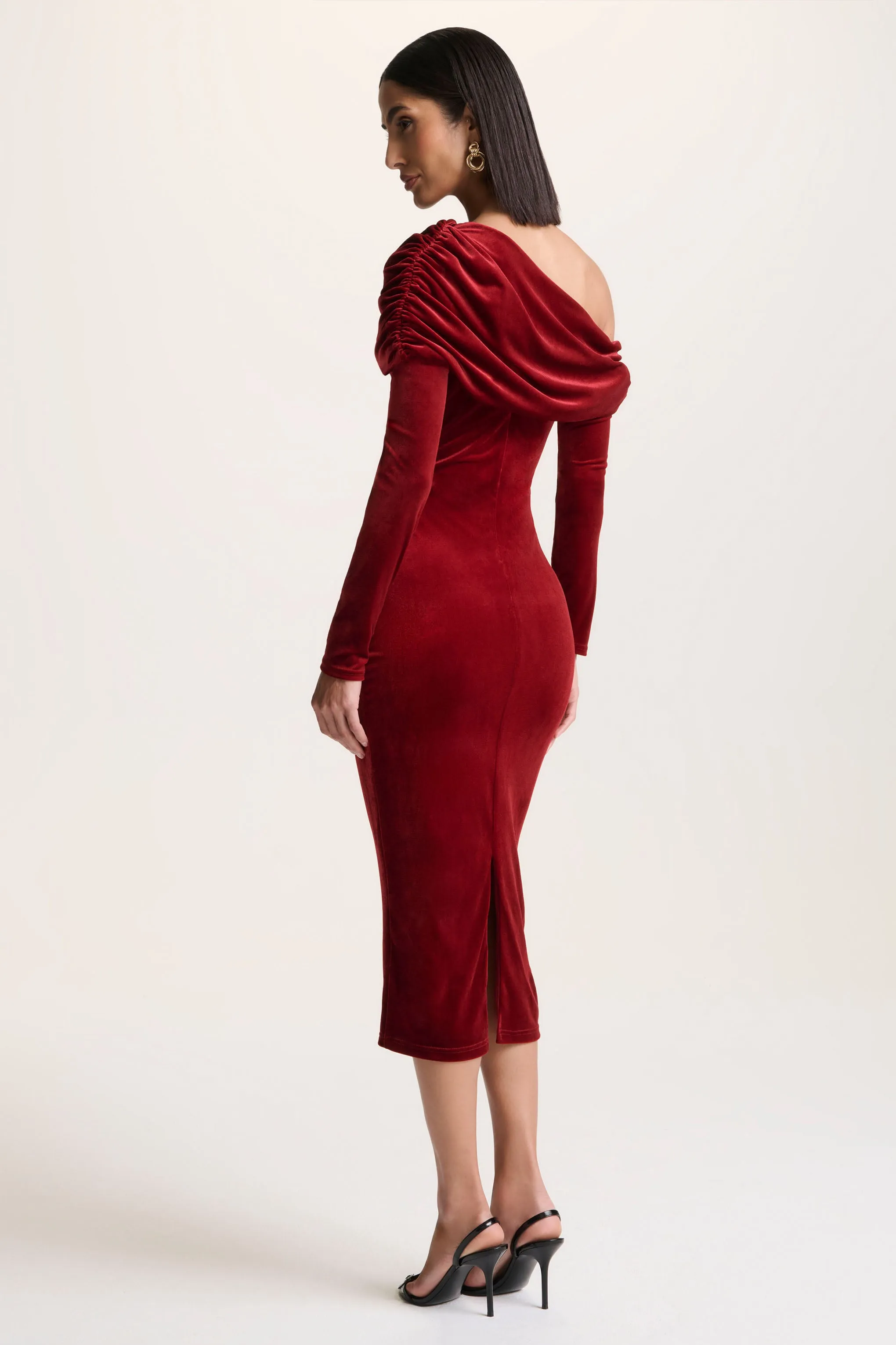 Eirene | Red Velvet Asymmetric-Neck Midi Dress sold by Club L London product image thumbnail 2