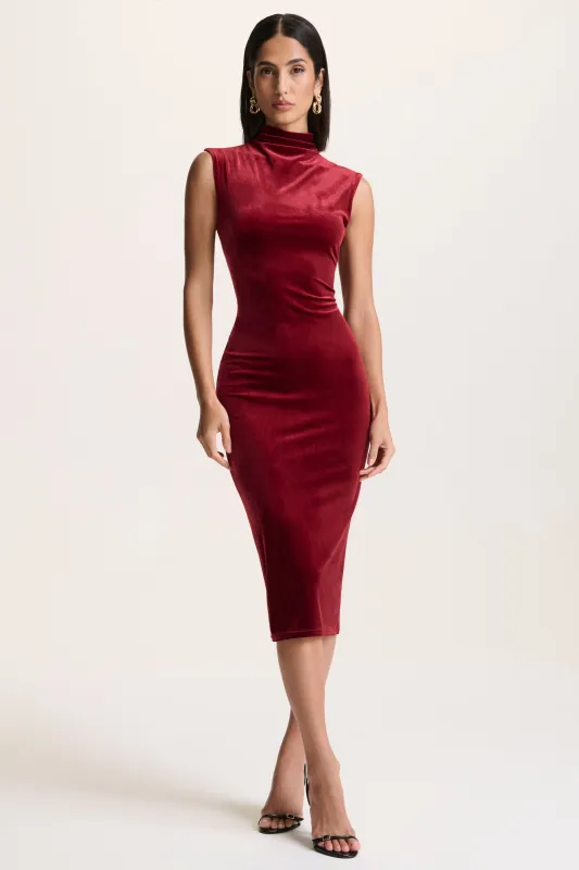 Nivina | Red Velvet High-Neck Midi Dress With Cap-Sleeves made by Club L London