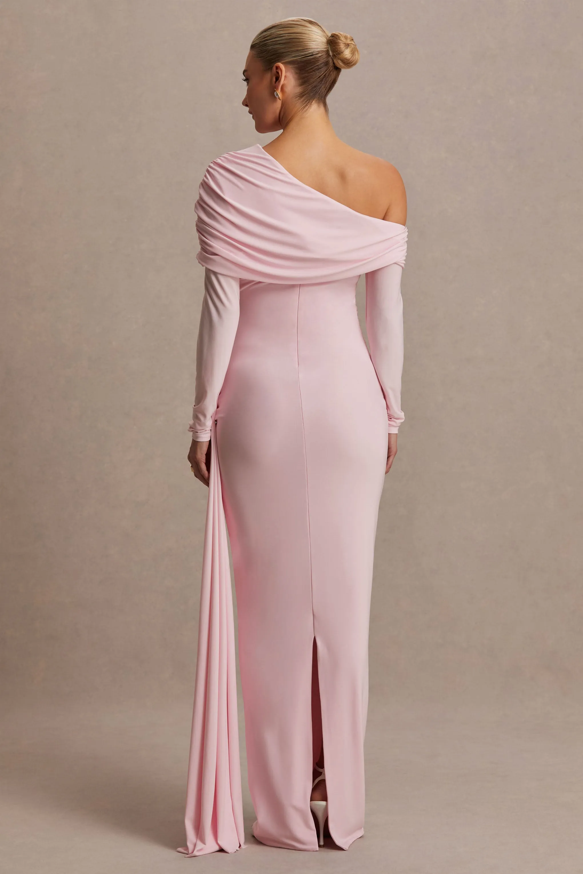 Amara | Blush Pink Asymmetric-Neck Maternity Maxi Dress With Sash Detail sold by Club L London product image thumbnail 2
