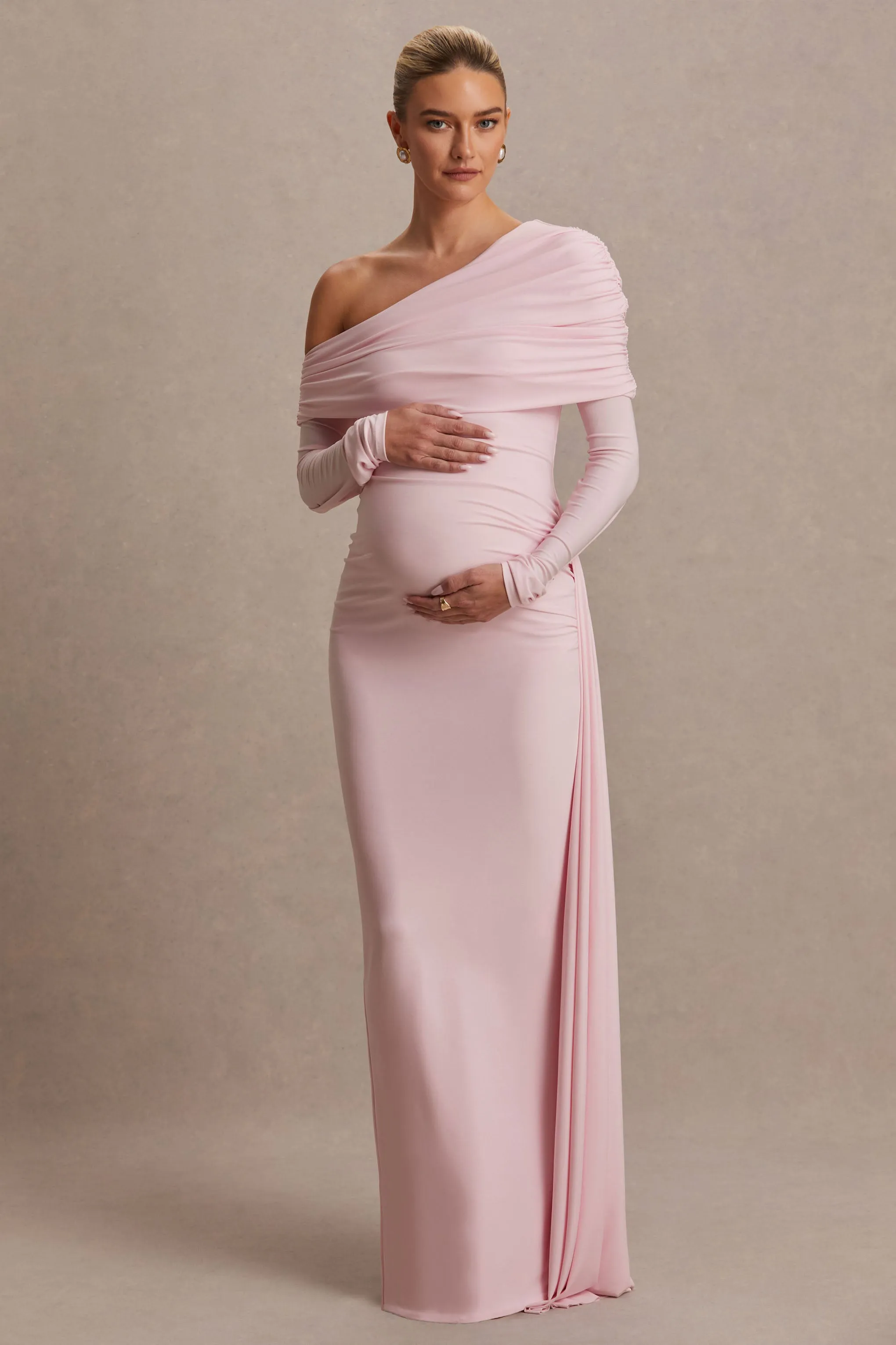 Amara | Blush Pink Asymmetric-Neck Maternity Maxi Dress With Sash Detail sold by Club L London product image thumbnail 4