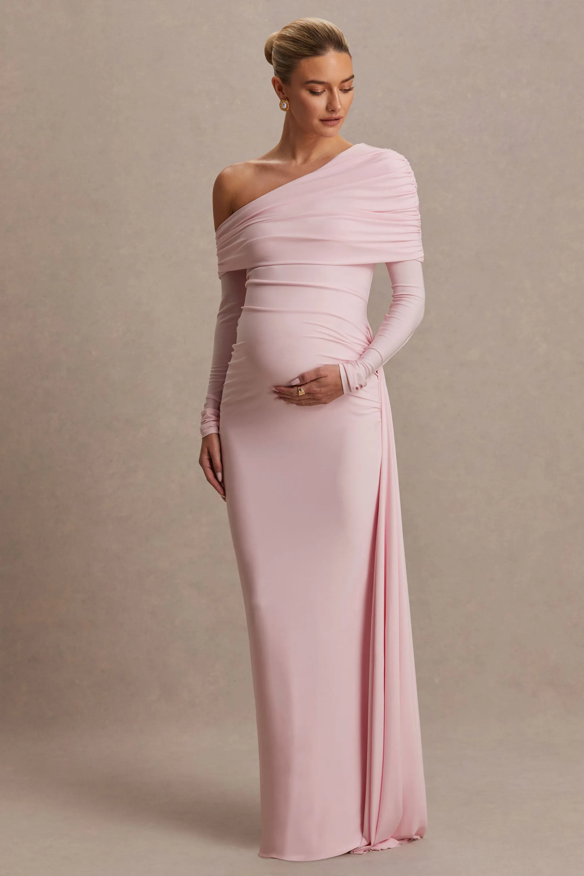 Amara | Blush Pink Asymmetric-Neck Maternity Maxi Dress With Sash Detail sold by Club L London