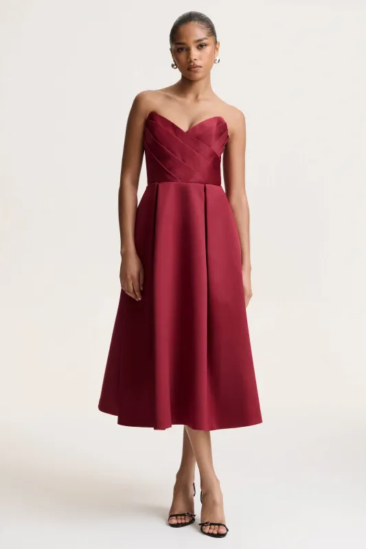 Promises | Red Satin Sweetheart-Neck Midi Dress sold by Club L London