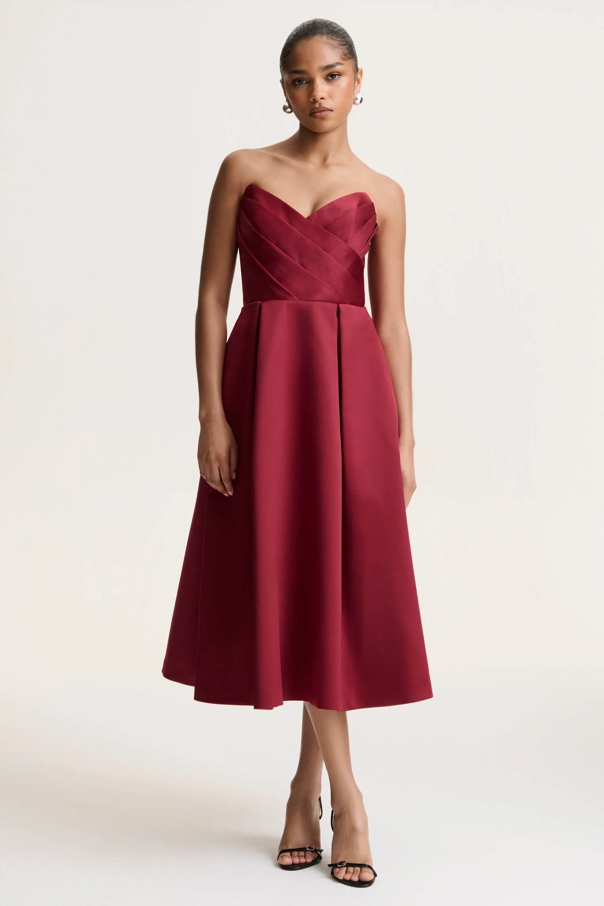 Promises | Red Satin Sweetheart-Neck Midi Dress sold by Club L London