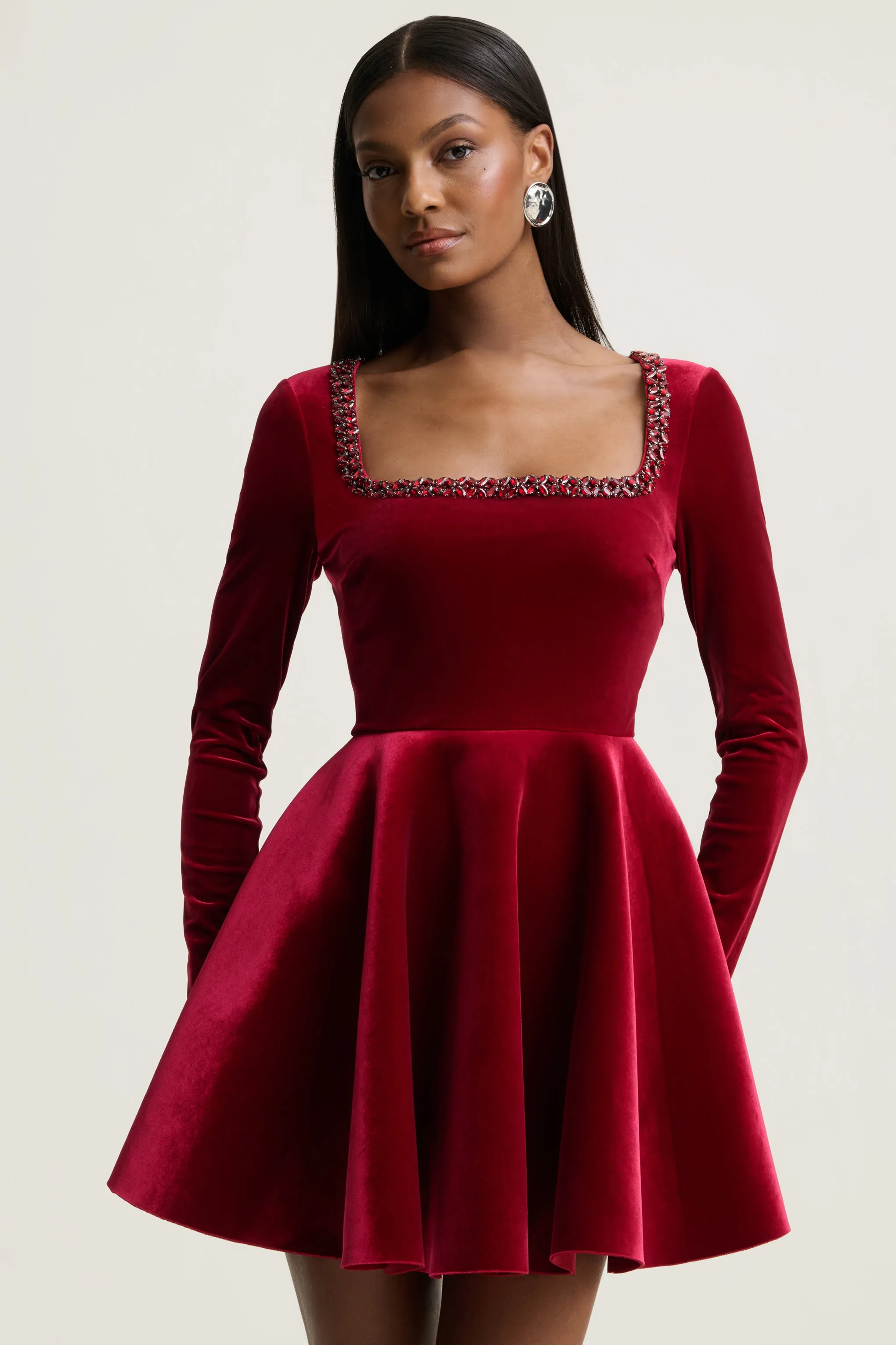 Beloved | Red Velvet Hand-Embellished Square-Neck Mini Dress sold by Club L London product image thumbnail 2