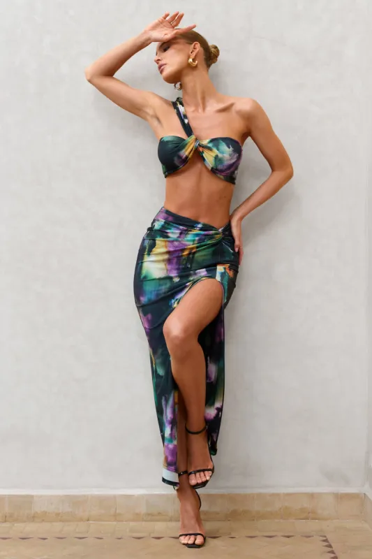 Tender Kiss | Watercolour Print Knot Split Maxi Skirt sold by Club L London