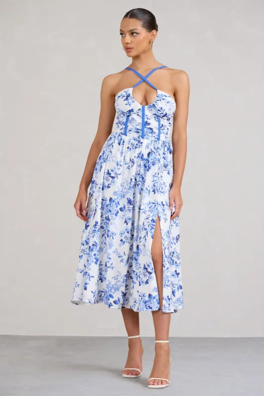 Lady Loren | Blue Floral Ruched Cross-Strap Split Midi Dress sold by Club L London