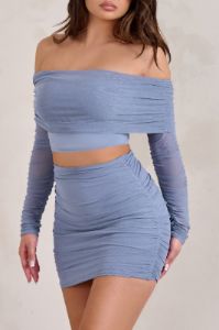 Ground Rules | Cornflower Blue Ruched Mesh Mini Skirt sold by Club L London