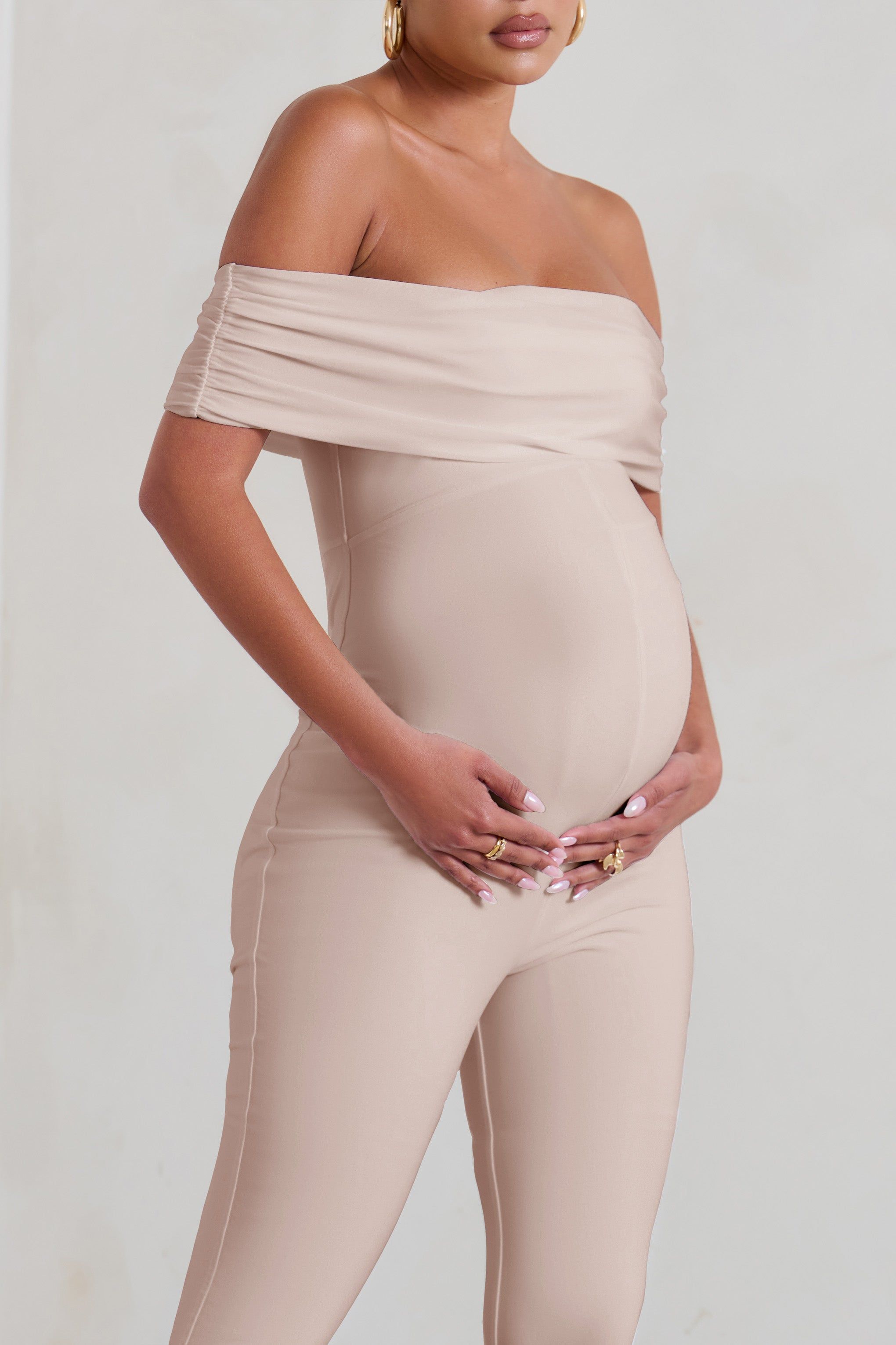 Carefully Crafted | Cream Maternity Bardot Fitted Jumpsuit sold by Club L London product image thumbnail 4